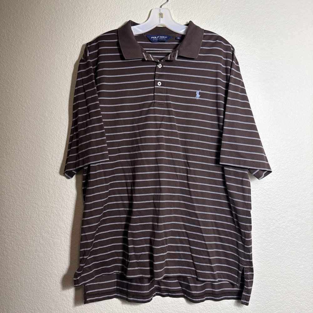 Polo Golf Ralph Lauren Men's‎ Polo Shirt Brown Stripe Blue Pony Size XL Stretch
